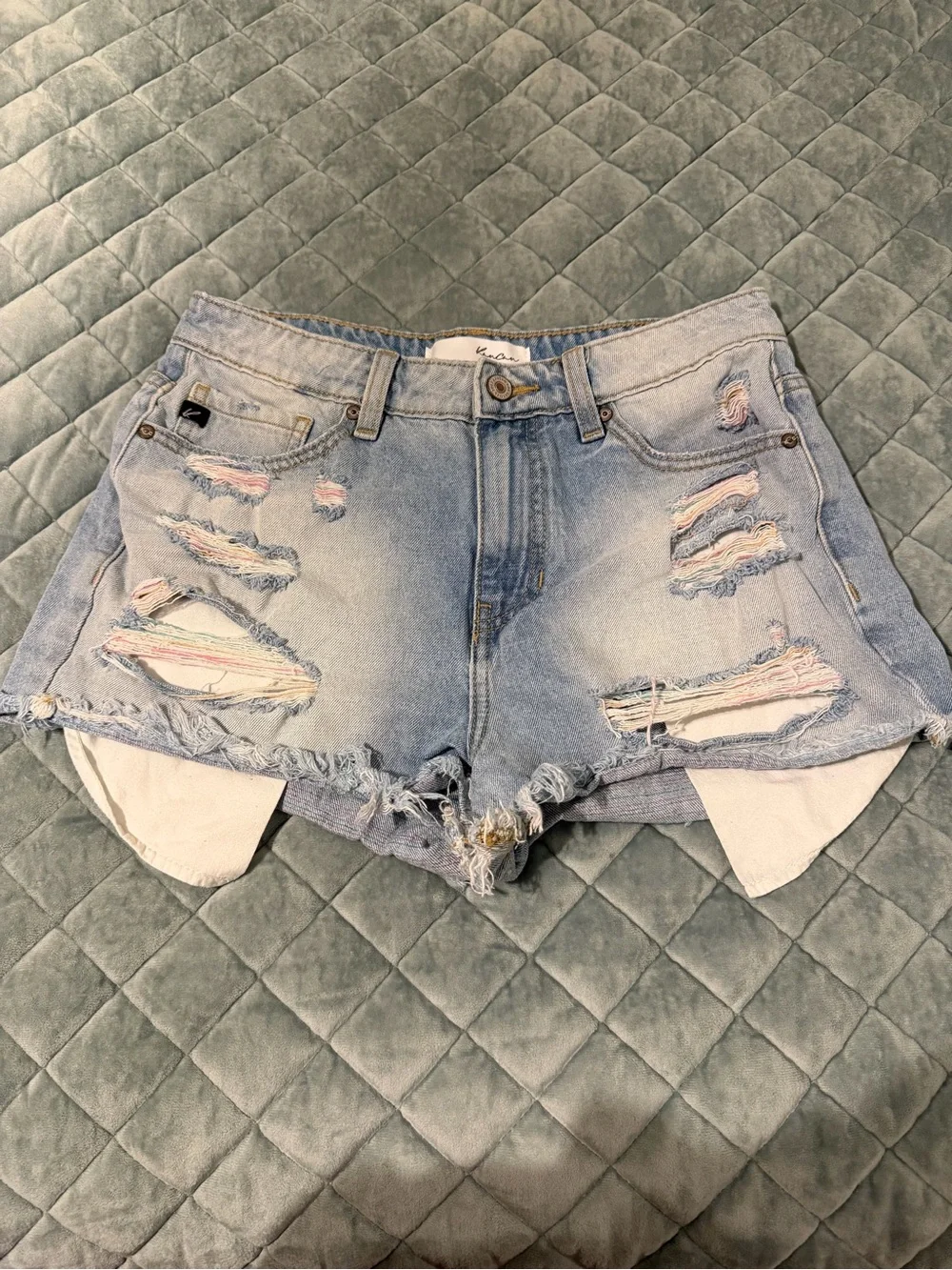 Kancan Rainbow Thread Distressed Denim Shorts - size 27